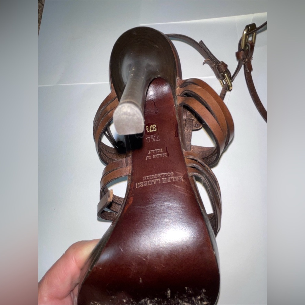 RALPH LAUREN COLLECTION PURPLE LABEL BROWN LEATHER HEELS ANKLE STRAP 7.5 ITALY - Picture 11 of 16